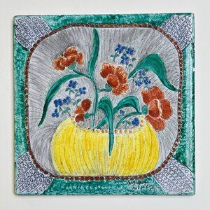 Floral Embossed Design Coaster Signed Indiana 2000 Tile Made in Sri Lanka